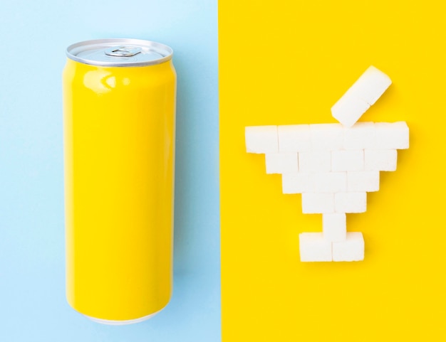 Diet soda cans and sugar-free product labels on white background